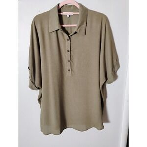HYFVE Olive Green Tunic Blouse Top Oversized Roll Tab Sleeve Half Button Down...